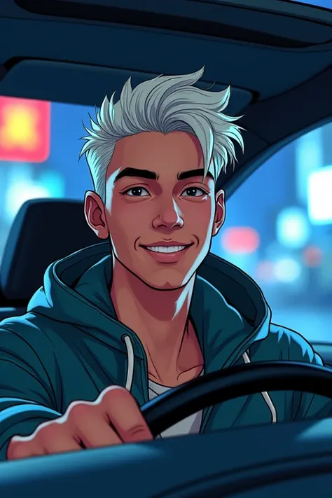 ((masterpiece)), (((best quality))), chromatic lighting,
colorized, white + blue limited color palette, 
detailed concept drawing,
driving a car, nighttime, street fashion, no weird object on his face,
portrait, 25yo 1guy, slender, short white hair, black ...