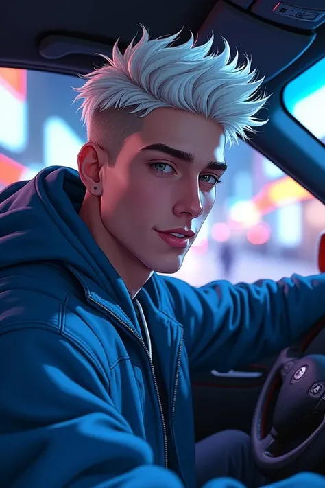 ((masterpiece)), (((best quality))), chromatic lighting,
colorized, white + blue limited color palette, 
detailed concept drawing,
driving a car, nighttime, street fashion, no weird object on his face,
portrait, 25yo 1guy, slender, short white hair, black ...