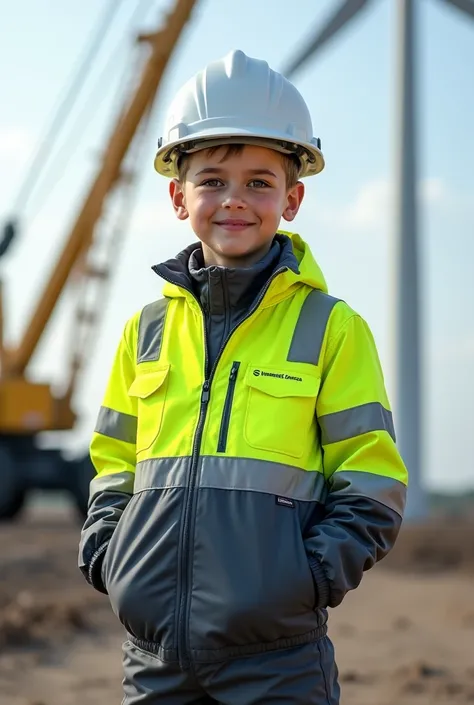 Young boy wearing siemens gamesa working cloths which are neon and grey colour, and standing with high boom crane