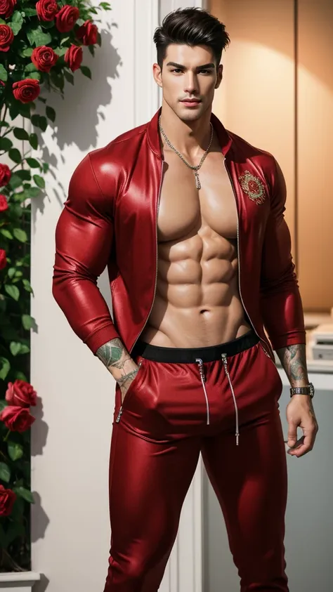 (absurdres, highres, ultra detailed, Ultra HD), ((tall handsome muscular man with a strong physique, solo, male model modern clothing, Full length portrait: 1.5, wearing a rose print  zip-up jumpsuit that is unzipped revealing his chest and abs, bulge: 1.2...