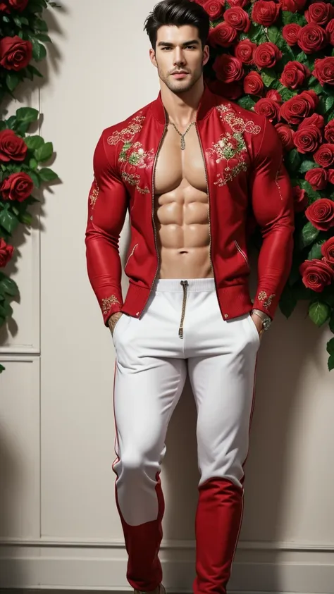 (absurdres, highres, ultra detailed, Ultra HD), ((tall handsome muscular man with a strong physique, solo, male model modern clothing, Full length portrait: 1.5, wearing a rose print  zip-up jumpsuit that is unzipped revealing his chest and abs, bulge: 1.2...