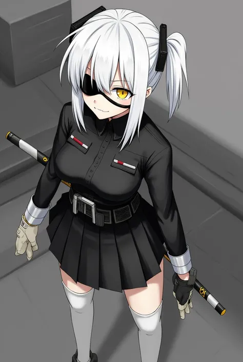 Medium height White short ponytail anime girl Determine yellow eye color with black eye patch wearing black school uniform, short skirt, long white sock, tactical glove wielding a futuristic katana. Black and white color