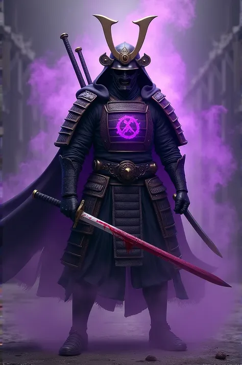 Make a samurai with a purple aura with a bloody sword and a purple symbol in the middle of his armor with a scratch in the middle 