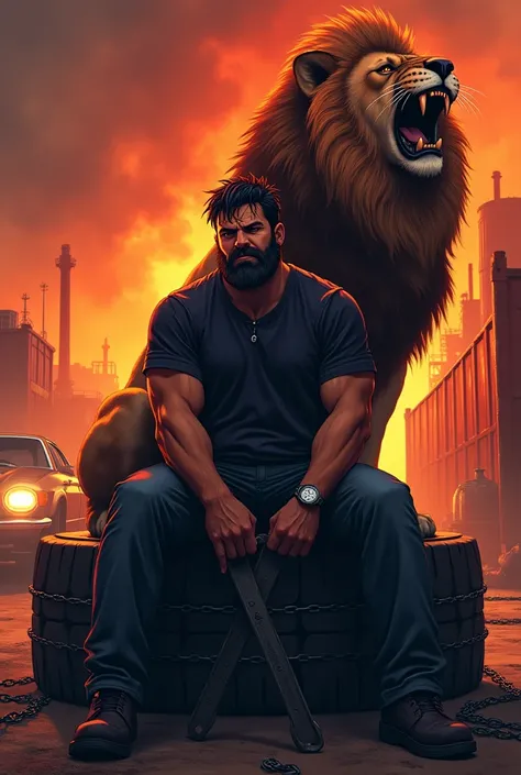 Create a anime style landscape image. Anime ,Dramatic and intense digital artwork featuring a man with a stern expression, sitting on a large tire with chains. He has a medium skin tone, a thick beard, and tousled dark hair. He is dressed in a dark shirt a...