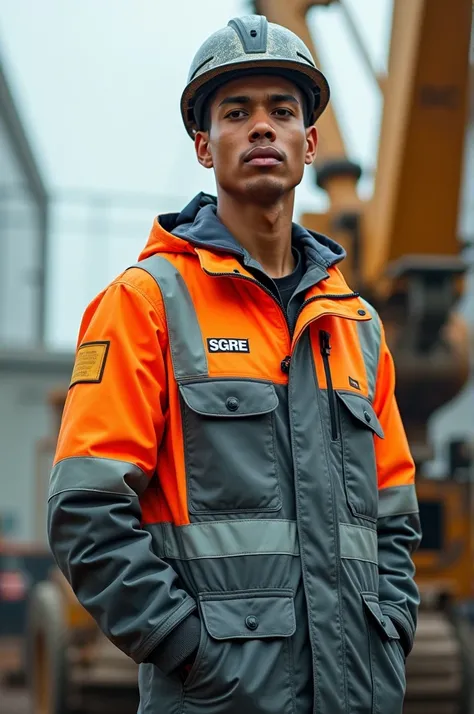 Young man standing with long boom crane, and wearing neon and grey working cloths with logo SGRE