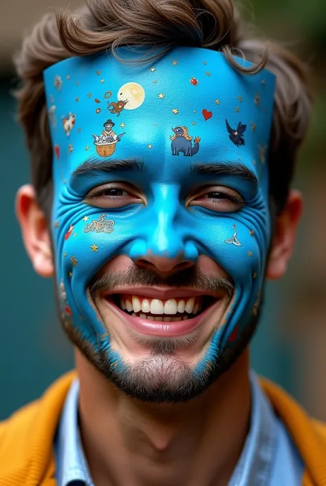 A man with a blue colour mask in his face Joyful Story write in the mask 