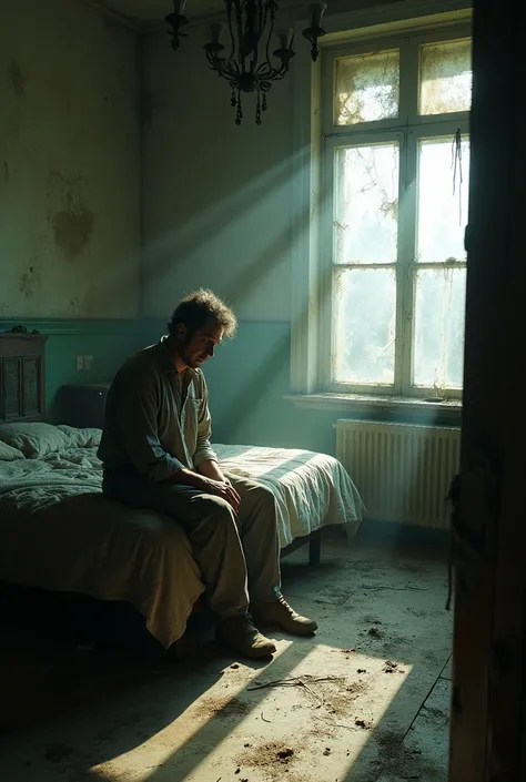 Abandoned house room man sitting on bed