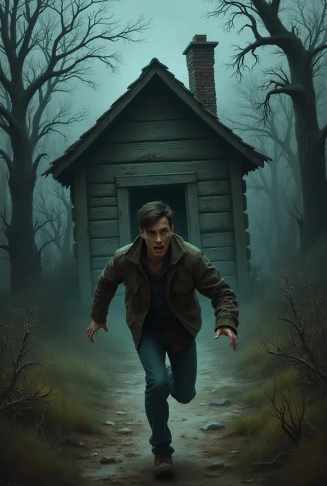 A young man fleeing from a wooden house, scared, with a dark and somewhat lively atmosphere 
