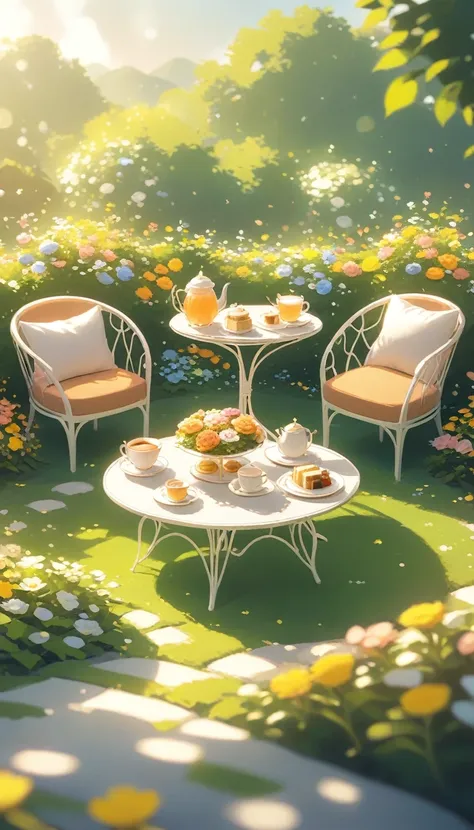 landscape Afternoon Tea, Flower garden Cozy,Orange Pink ,There are no human characters,No people