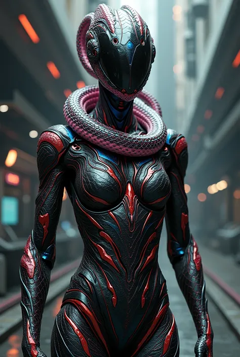 A snake with the combination of red black blue in a human body with robot suit