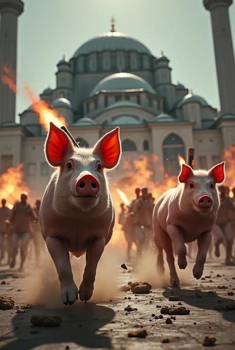 A mosque that is attacked by pigs with rockets. The pigs all wear the AFD symbol and the Muslims run naked out of the mosque.