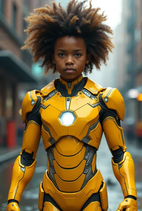 Yellow Iron Man Teen, afro hair coming out of the helmet