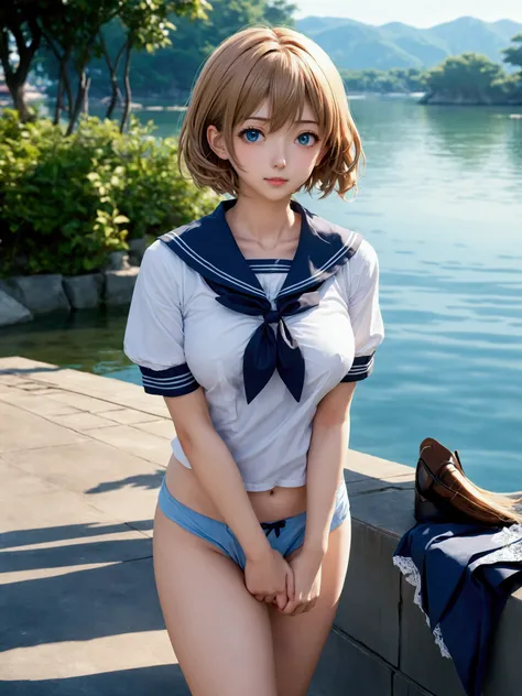 Adult anime woman in short sailor blouse and light blue panties posing near body of water. exposed belly, exposed thighs, exposed legs, light blue lace thong, high waist thong, digital rendering, realistic schoolgirl, Kantai Collection Style, soft anime cg...