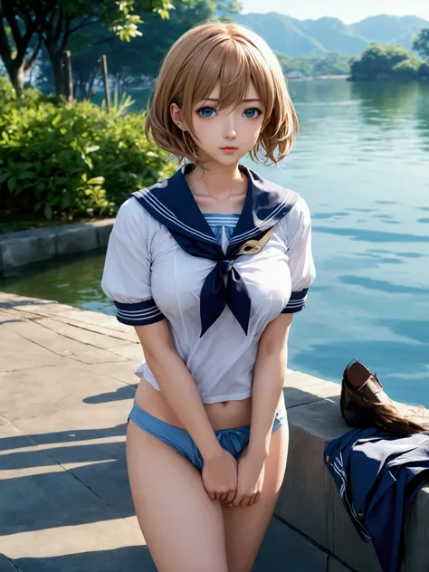 Adult anime woman in short sailor blouse and light blue panties posing near body of water. exposed belly, exposed thighs, exposed legs, light blue lace thong, high waist thong, digital rendering, realistic schoolgirl, Kantai Collection Style, soft anime cg...