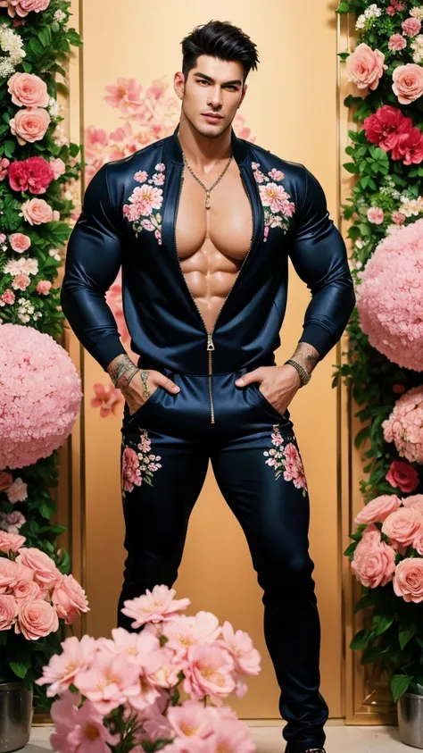 (absurdres, highres, ultra detailed, Ultra HD), ((tall handsome muscular man with a strong physique, solo, male model modern clothing, Full length portrait: 1.5, wearing a flower printed zip-up jumpsuit that is unzipped revealing his chest and abs, bulge: ...