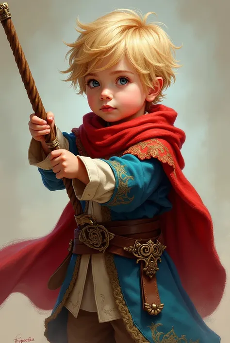 Male, 2, blonde, wielding sling, wearing mage robe with red cloth, portrait