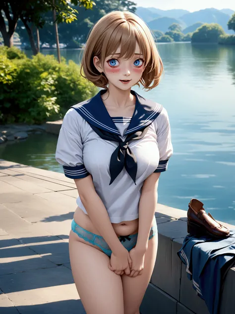 Adult anime woman in short sailor blouse and light blue panties posing near body of water. exposed belly, exposed thighs, exposed legs, light blue lace thong, high waist thong, digital rendering, realistic schoolgirl, Kantai Collection Style, soft anime cg...