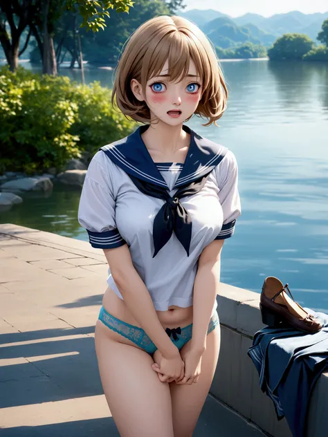 Adult anime woman in short sailor blouse and light blue panties posing near body of water. exposed belly, exposed thighs, exposed legs, light blue lace thong, high waist thong, digital rendering, realistic schoolgirl, Kantai Collection Style, soft anime cg...