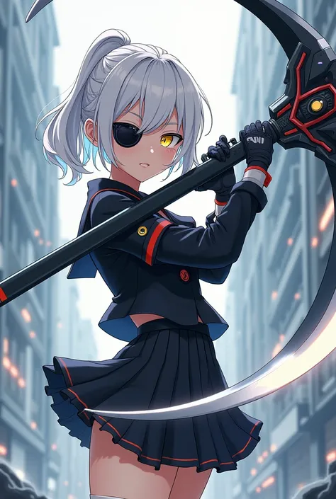 Medium height White short ponytail anime girl Determine yellow eye color with black eye patch wearing black school uniform, short skirt, long white sock, tactical glove wielding a futuristic scythe. Manga art style.