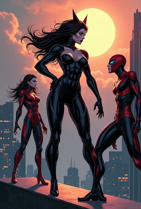 Create a comic book super villain named Shadowfang on a building roof in front of two superheroes of the same size and have one of the superheroes stand facing the villain who is a woman. 