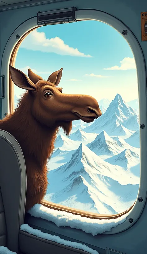 A plane in the air, over a wintry Alaskan landscape, The focus is on a drawn, stylized moose looking out the window of the plane while remaining safely in the cabin