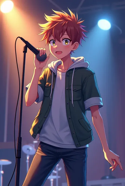 An anime boy with a tripod microphone singing 