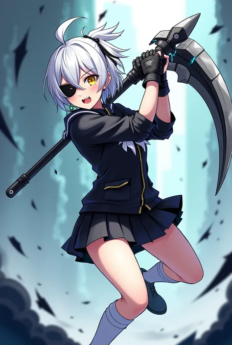 Medium height White short ponytail anime girl Determine yellow eye color with black eye patch wearing black school uniform, short skirt, long white sock, tactical glove wielding a futuristic scythe. Manga art style.