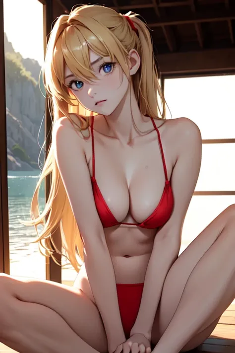 (masterpiece, best quality), 1girl, beautiful face, beautiful body, souryuu_asuka_langley, hair between eyes, solo, bright expression, natural small breast, cleavage, slim, thin, tall, blonde reflected light, red bikini, collarbone, silky shiny skin, high ...