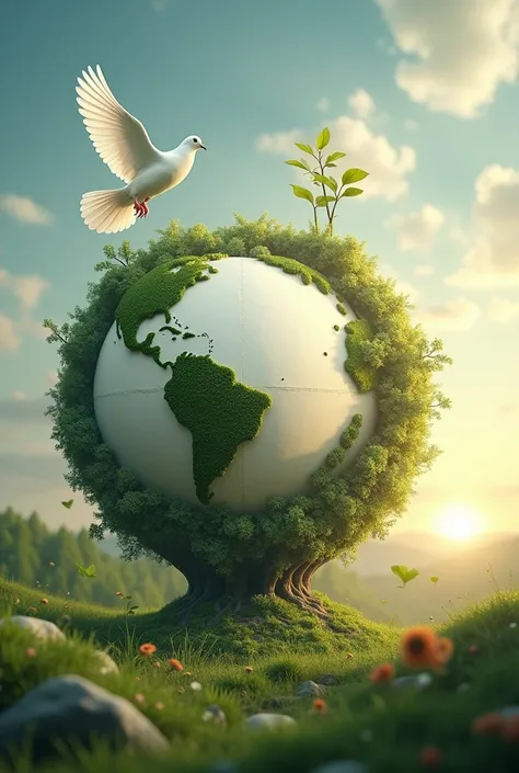 Create an image of globe in nature form and sky and and white pigeon flying and hope growing three plus slight rising sun