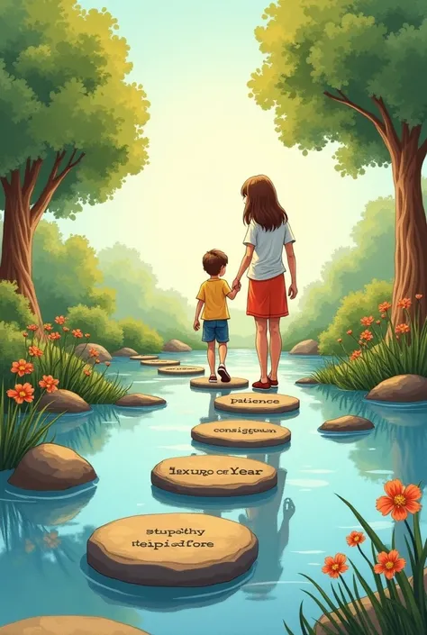 Hand-drawn illustration of stepping stones across a calm stream, labeled with values like patience, consistency, and empathy. A parent holds a child’s hand as they step, symbolizing guidance. The setting is tranquil with trees and flowers.