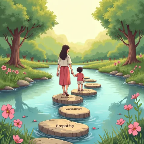 Hand-drawn illustration of stepping stones across a calm stream, labeled with values like patience, consistency, and empathy. A parent holds a child’s hand as they step, symbolizing guidance. The setting is tranquil with trees and flowers.