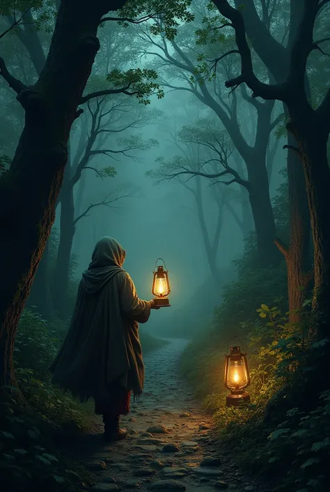 A wanderer in the forest with a kerosene lamp 