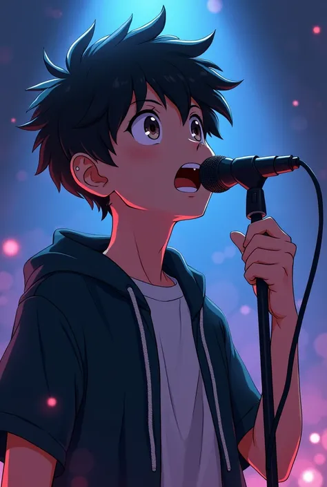 An anime boy with a tripod microphone singing linkin park&#39;s song during the meteora album 