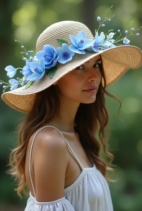 Blue and orchid flower inspired weaving hat design Make it around the hat like hanging flowers from a vine. It hanging edge of the hat