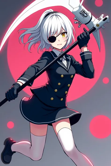 Medium height White short ponytail anime girl Determine yellow eye color with black eye patch wearing black school uniform, short skirt, long white sock, tactical glove wielding a futuristic scythe. Manga anime art style. 