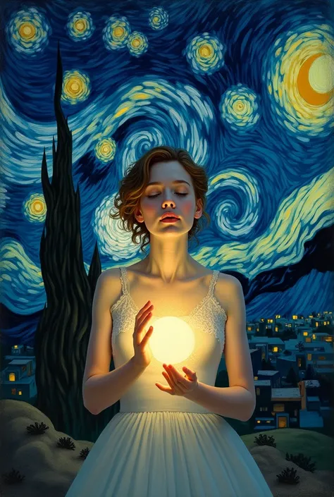 Night with stars like van gogh&#39;s starry night and a woman emanating light from her chest It&#39;s easy to be one more in the darkness.
The difficult thing is to be one in the true light