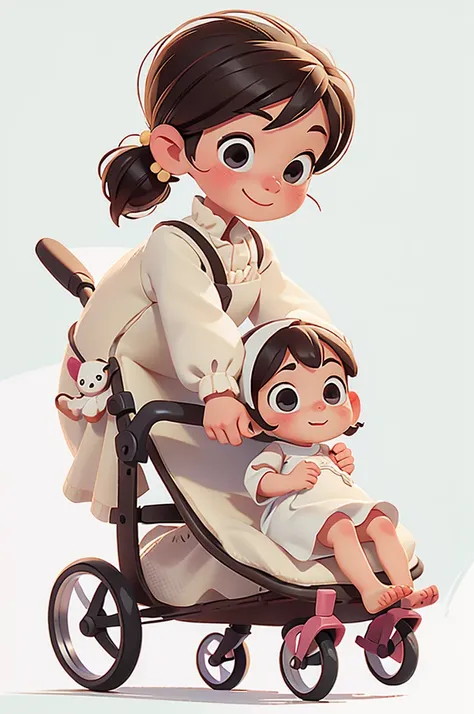 Perfect anatomy, 1 girl, solo, skinny bodk, with white background, pushing a baby stroller, a stuffed toy, wearing a dress, happy and looking at the camera, cute appearance, barefoot