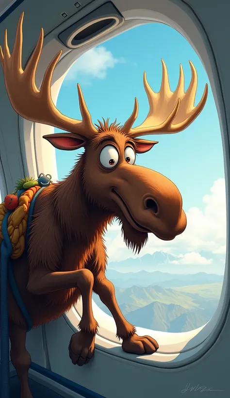 A funny depiction of a moose with a parachute on its back looking confused while hanging on the edge of the airplane window