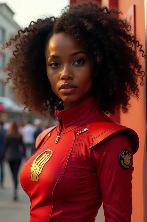 Curl hair. Beautiful teen Kenyan woman. Hero outfit color red. She wears a jacket but make it heroic outfit. Hand logo on her outfit 