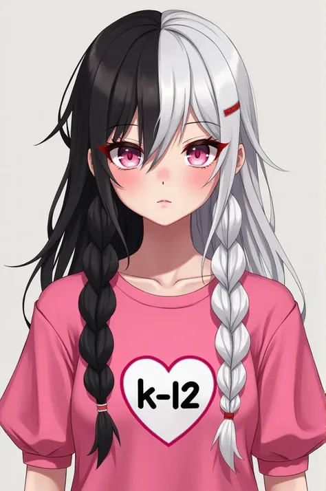 A Skin Boy: Clear Eyes: Brown Hair: divided in half, with one side black and the other white Braids: White on the white side of the hair and black on the black side of the shirt: Pink with puff sleeves, with a heart written in front "k-12"