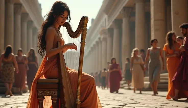 30 a.C; (masterpiece, best quality) woman playing the harp in the street of Rome
