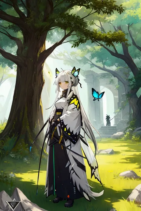 Animist Temple, tree spirit, grass, butterfly, pretty girl, White, yellow, black, Character Concept Art , Artwork, Arknights style,