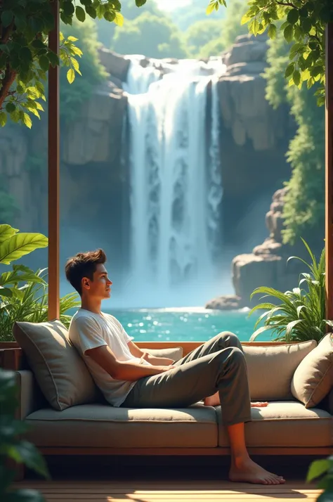 A Guy chilling in the  sofa and in the background there is waterfall 