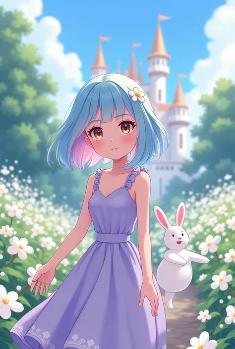 Manhwa, women, hair a little below the shoulders, color half pastel blue half pastel pink and with fringe. light brown eyes. Dressed in a lilac-colored dress and with white flowers adorning her hair. one lens. Arriving at a place full of white flowers next...