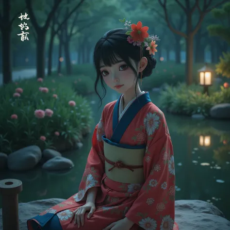 hyperrealistic Japanese oven (((Alone woman))), Delicate and beautiful face, beautiful black eyes, His face expresses peace, calm, funny, beautiful red blue and white kimono, wooden sandals, full body girl in the park, night image, hyperrealistic image, vi...