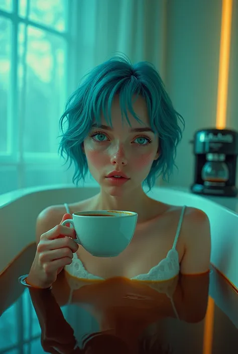 Woman 20 Years Old Nordic Ethnicity, short blue hair with a perfect face and light freckles, Blue-Green Eyes, a hyperrealistic album cover, showing her bathing in a bathing tub full of coffee, with a coffee machine nearby, putting even more coffee in the t...