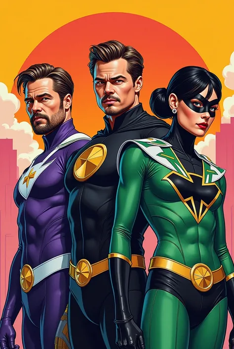 A trio. Brad Pitt in a purple and white super Hero suit On the left side. Leonardo DiCaprio in a green and White superhero suit. And Travis fimmel in a black and gold superhero suit. Pop art style