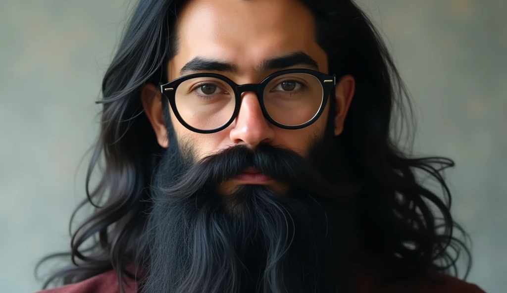 a young teacher who wears glasses with long black hair and a very large black beard 