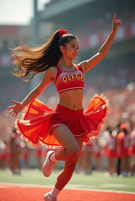 Hot Asian cheerleader. Skirt flowing up