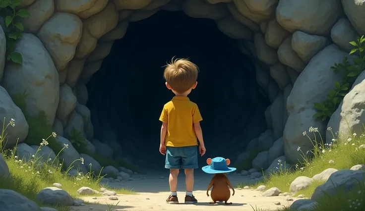 drawing of a  (( boy)) dark yellow shirt dress and blue shorts accompanied by a small mouse (( wearing a blue exploration hat)) at the entrance of a small mysterious cave (( The drawing only shows the backs of the two characters)). Masterpiece of Art 